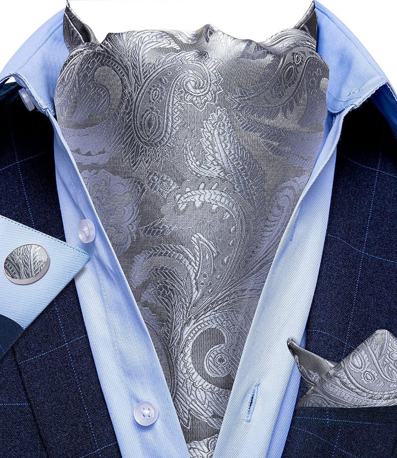 DiBanGu Men's Cravat Tie Grey Paisley Ascot Necktie and Pocket Square Cufflinks Tie Ring Set Wedding - Image 4